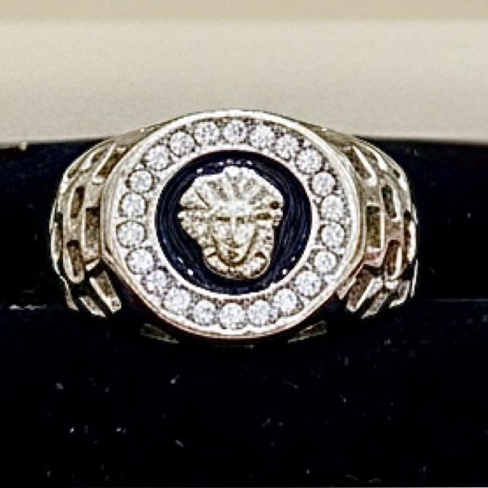 Designer Inspired Medusa Head Silver and Black Men's Ring With Faux Diamonds.